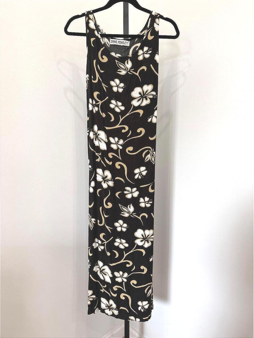 Jane Ashley Sleeveless Black Floral Dress Vintage Hawaiian Hibiscus Flower